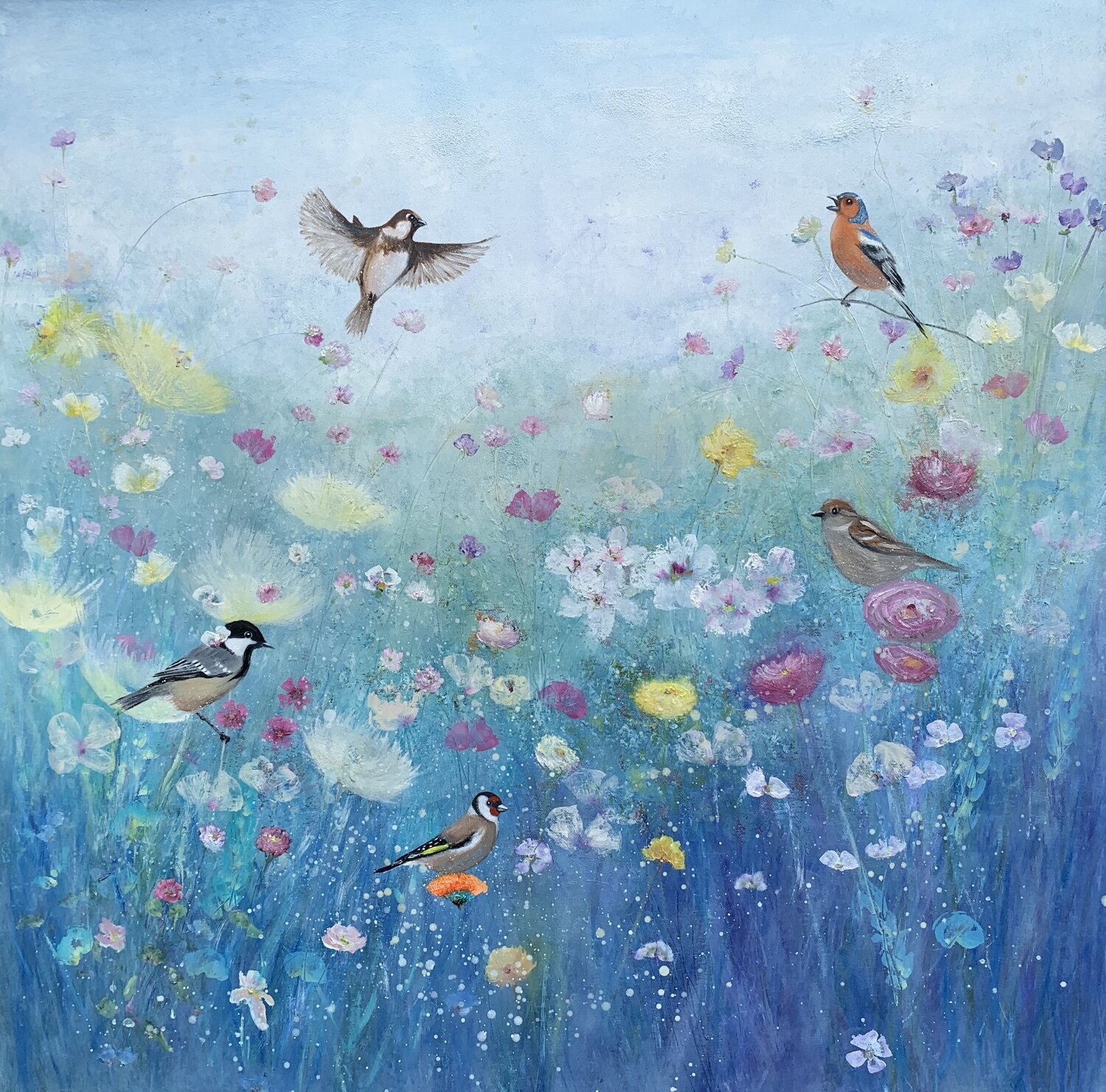 Songbirds in the Garden Laure Bury Originalgemälde zu verkaufen