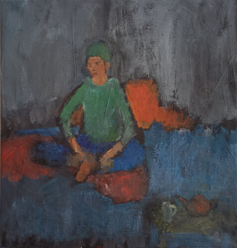 Model drinking tea in the studio van Irina Seller, Schilderij te koop op Singulart