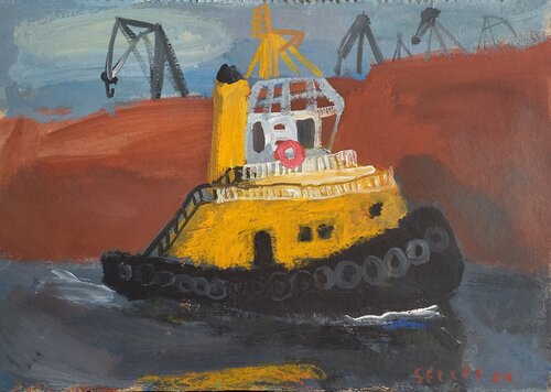 Schleppschiff mit Kränen van Irina Seller, Schilderij te koop op Singulart