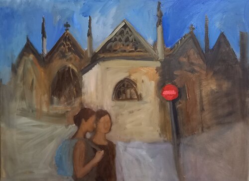 Street scene with a church and a road sign by Irina Seller, Painting for Sale on Singulart