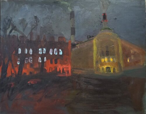 Cityscape with chimney at night par Irina Seller, Peinture en vente sur Singulart