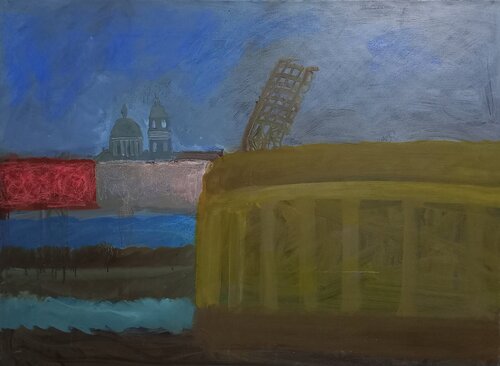 River, church, and stadium di Irina Seller, Pittura in vendita su Singulart