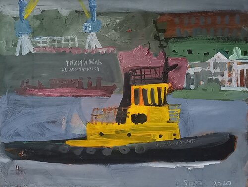 A tugboat and a floating dock. von Irina Seller, Malerei kaufen auf Singulart