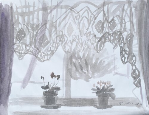 Alpenveilchen auf der Fensterbank van Irina Seller, Tekening te koop op Singulart