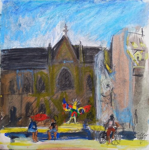Church and fontain (an hommage to Jean Tinguely and Niki de Saint Phalle) di Irina Seller, Pittura in vendita su Singulart