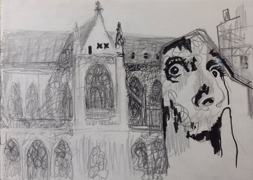 Church and Salvador Dali mural by Irina Seller, Drawing for Sale on Singulart