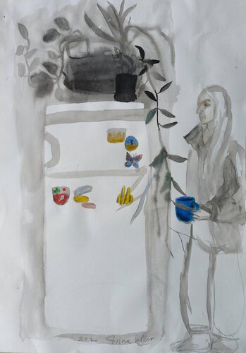 2020 Lockdown. Selbstporträt mit Kühlschrank und Pflanzen de Irina Seller, Dibujo a la venta en Singulart