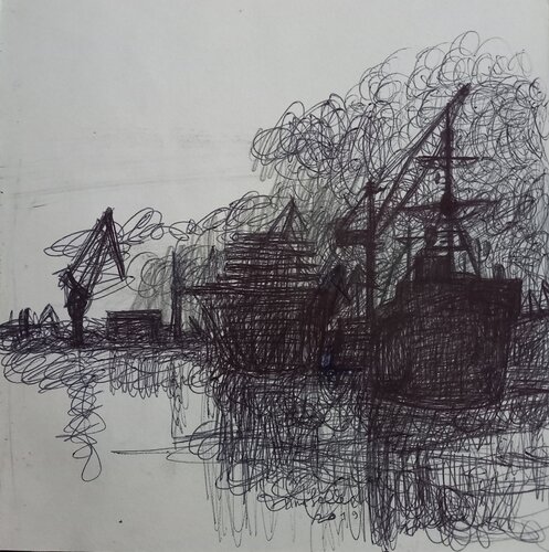 Ships and cranes in the port von Irina Seller, Zeichnungen kaufen auf Singulart