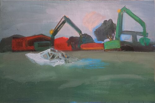 Rainy day, lagoon, cranes, and boat par Irina Seller, Peinture en vente sur Singulart