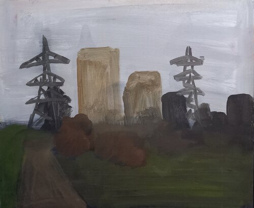 Houses and pylons. Evening cityscape. by Irina Seller, Painting for Sale on Singulart