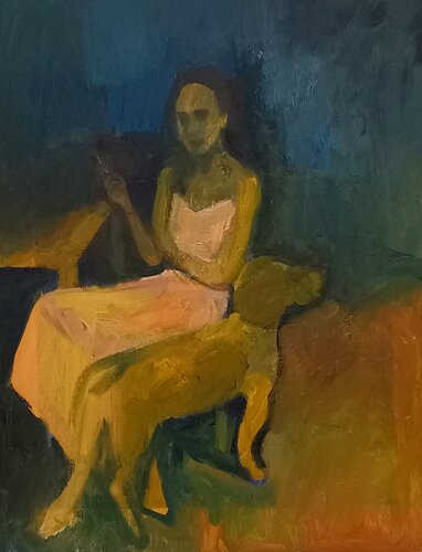 Mona with her poodle II di Irina Seller, Pittura in vendita su Singulart