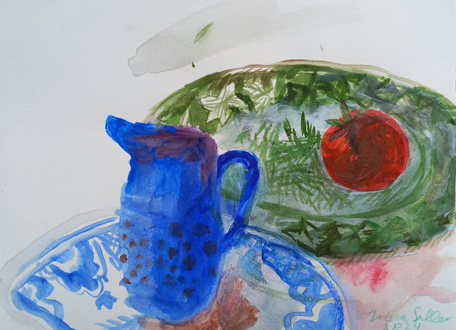 Tomato, plates, and milk jug Irina Seller Originalgemälde zu verkaufen