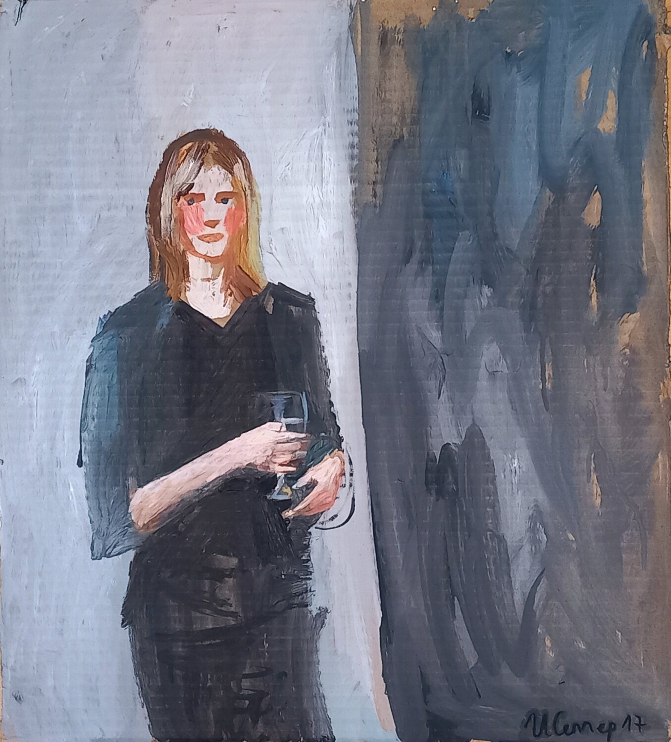 Ein Glas Sekt (Portrait einer Künstlerin) Irina Seller Originalgemälde zu verkaufen