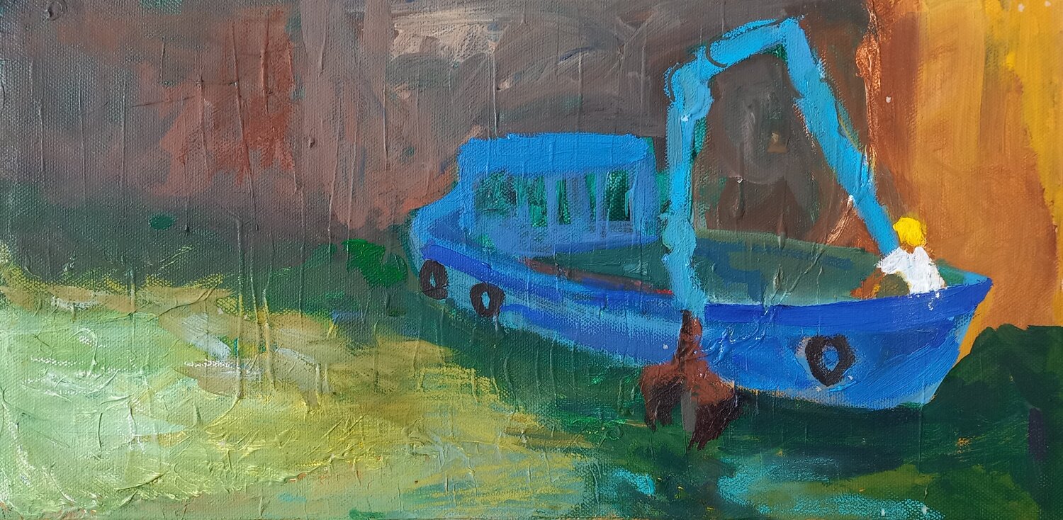 Blue boat on the canal Irina Seller Dipinto originale in vendita
