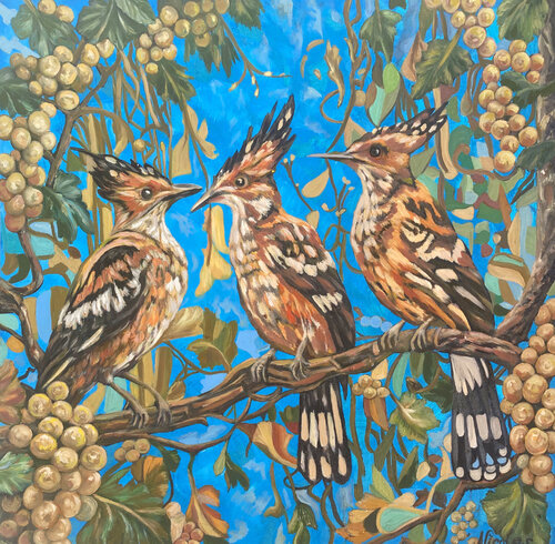 "Hoopoes on the grapevine" by Pintor Nicolas, Painting for Sale on Singulart