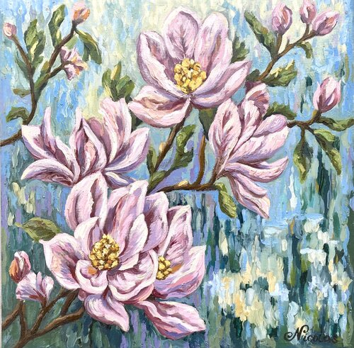 Midnight Whispers: Blooming Magnolias by Pintor Nicolas, Painting for Sale on Singulart