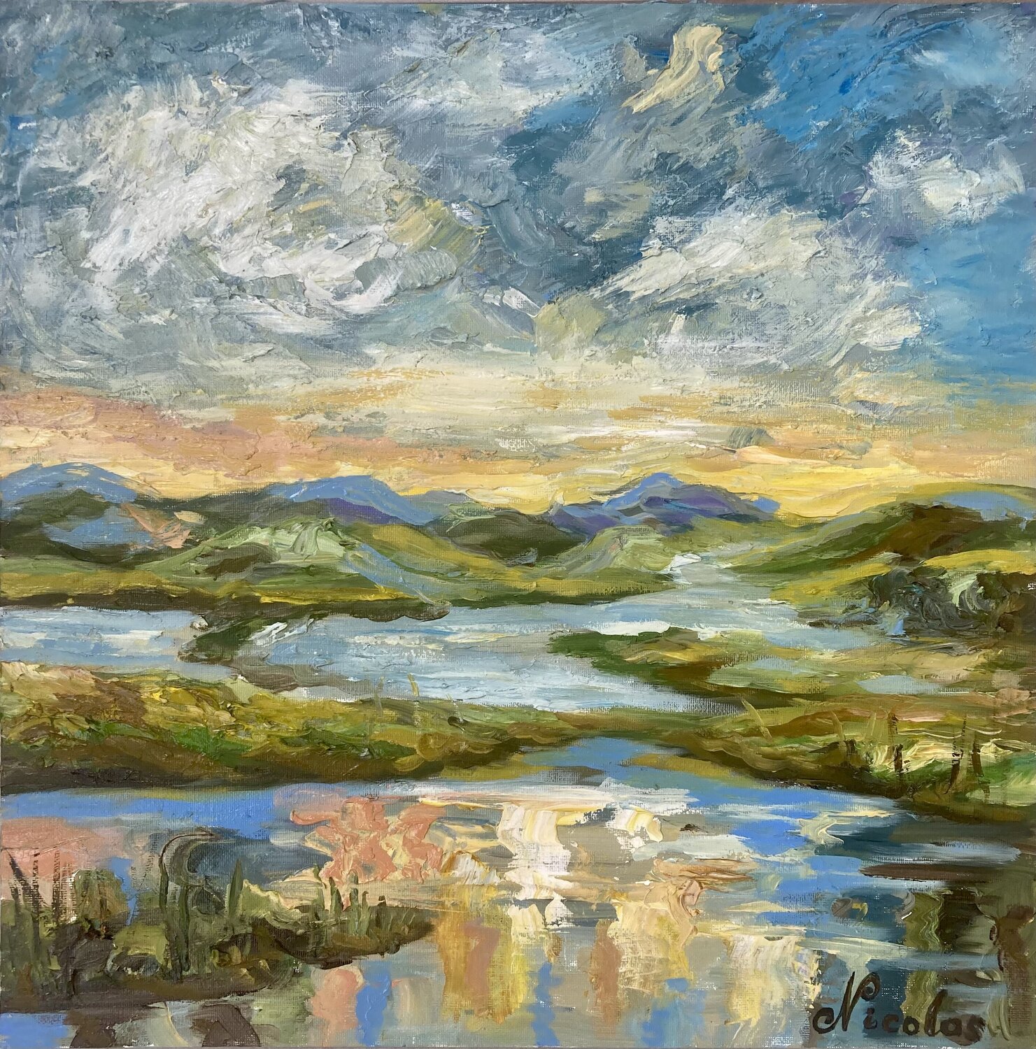 Twilight Over the River and Mountains Pintor Nicolas Origineel schilderij te koop
