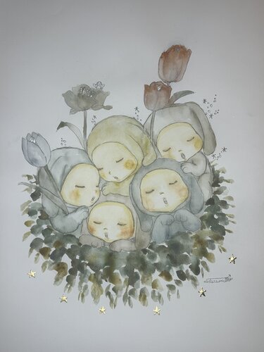 Sleeping Baby Rabbits di Keiko Suzuki Möller, Pittura in vendita su Singulart