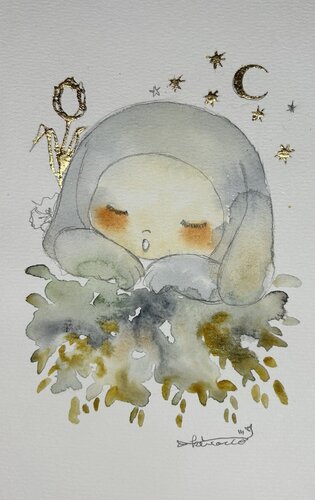 A Sleeping Baby Rabbit -Blue gray- by Keiko Suzuki Möller, Painting for Sale on Singulart