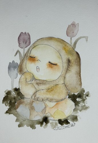 A Sleeping Baby Rabbit -light brown- de Keiko Suzuki Möller, Pintura a la venta en Singulart