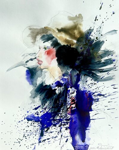 The Girl wearing straw hat and the Bird di Keiko Suzuki Möller, Pittura in vendita su Singulart