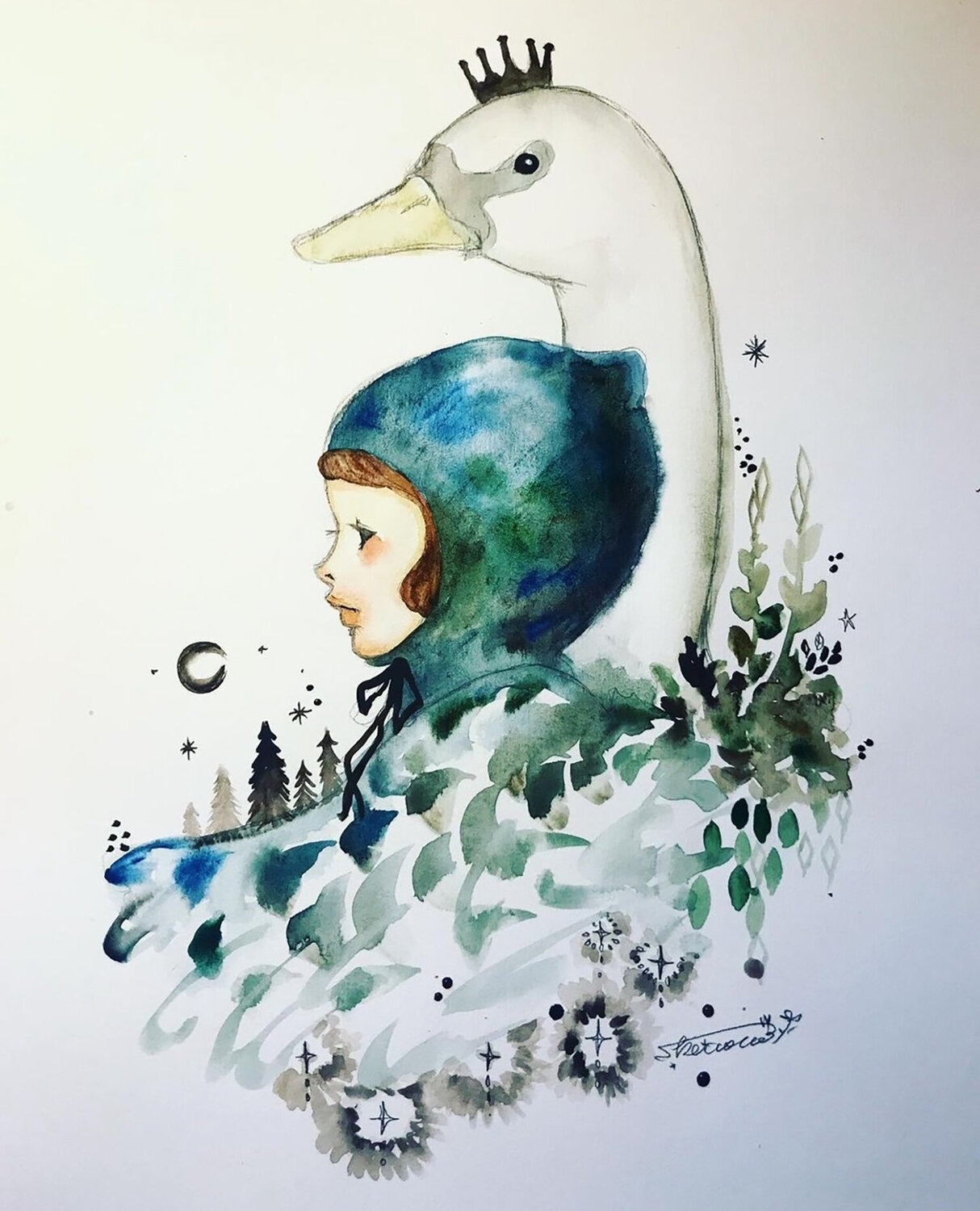 One beautiful night from The Ugly Duckling Keiko Suzuki Möller Originalgemälde zu verkaufen