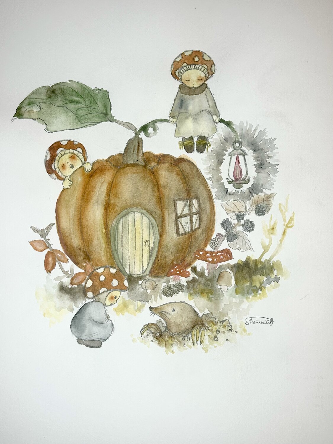 Mushroom family Keiko Suzuki Möller Originalgemälde zu verkaufen