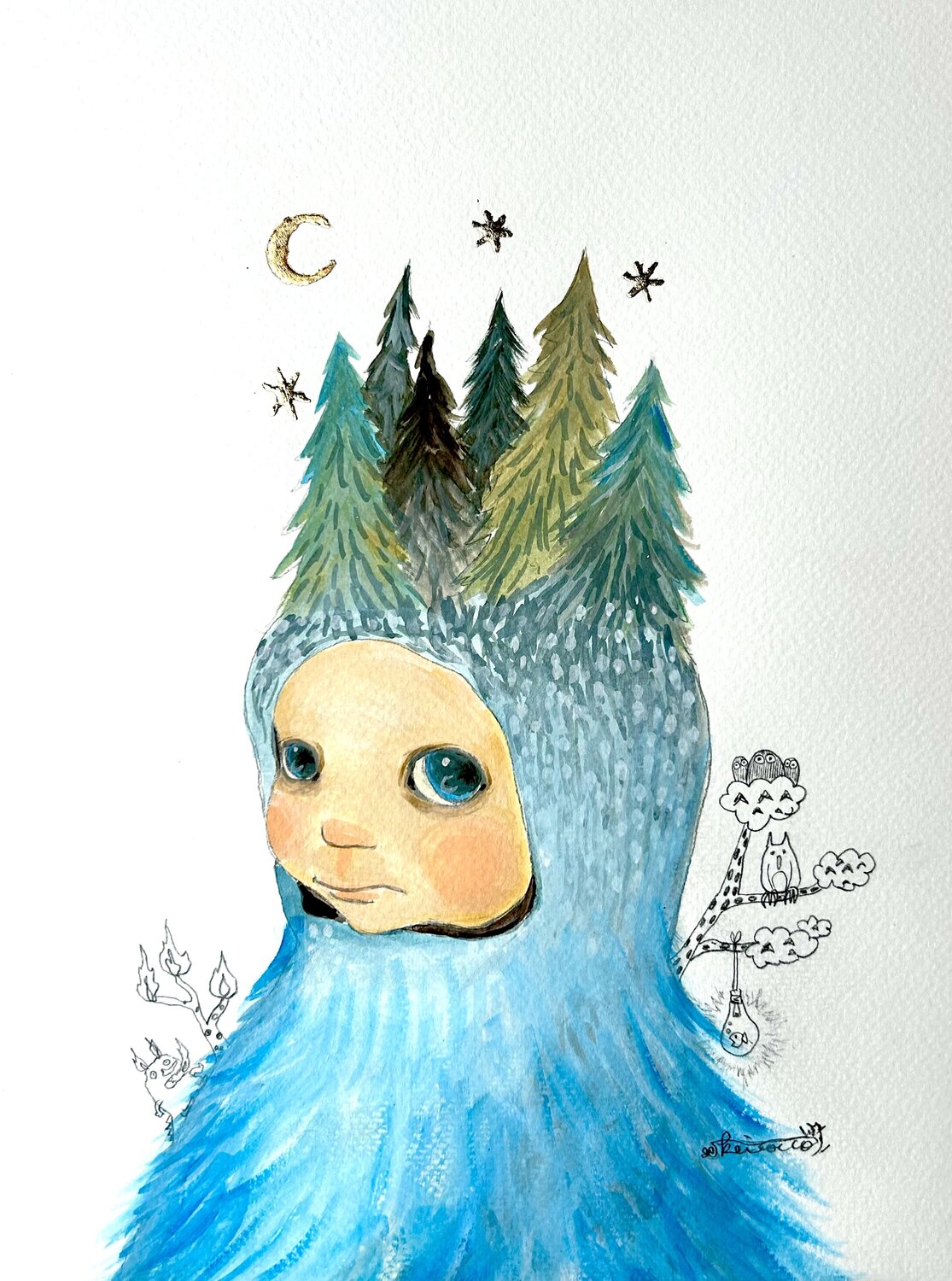 MORI MORI White Blue Forest - MORI MORI Series- Keiko Suzuki Möller Originalgemälde zu verkaufen