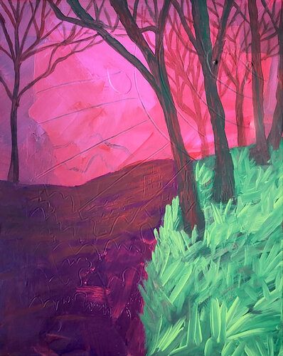 Walking path with red di Tony Trigg, Pittura in vendita su Singulart