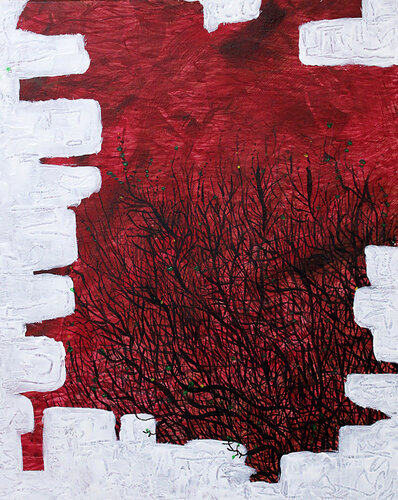 Crumbling old white wall - red scene van Tony Trigg, Schilderij te koop op Singulart