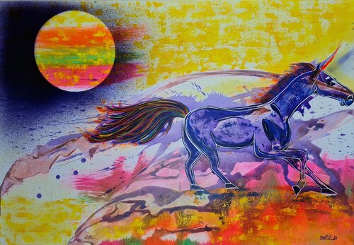 Einhorn / Schwarzlicht de Othilia Middendorf, Pintura a la venta en Singulart