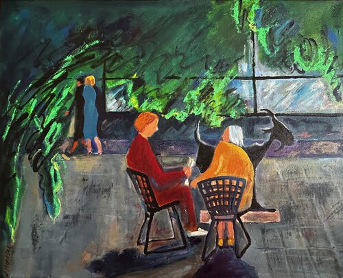 Girl Talk at the MoMA Garden von Lynne Meneses, Malerei kaufen auf Singulart