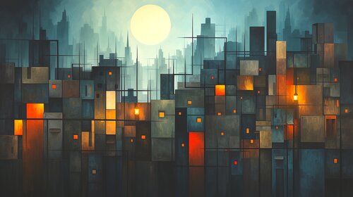 Colourful Geometric Urban Landscapes - Colorful City Rhythms von Paul David Groocock, Digital kaufen auf Singulart
