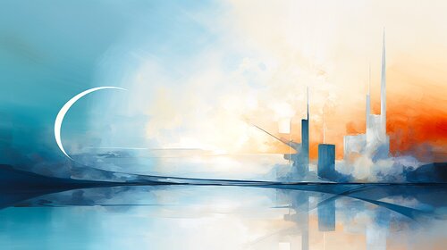 Colourful Geometric Urban Cityscapes - Heliotrope Horizon Harmony van Paul David Groocock, Digitaal te koop op Singulart