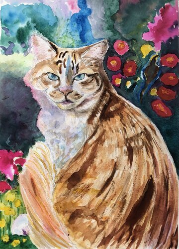 Ginger Cat in Colourful Flowers von Susan Tye, Malerei kaufen auf Singulart