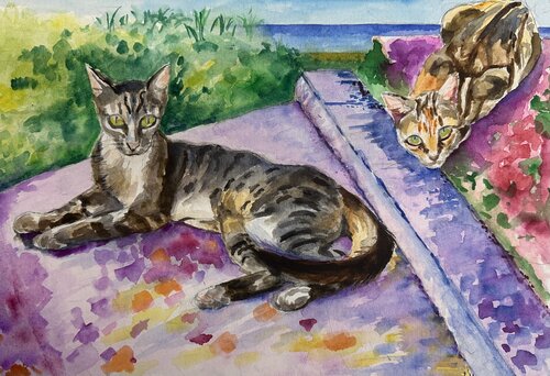 Mediterranean Cats de Susan Tye, Pintura a la venta en Singulart