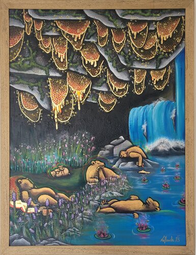 Busy Bee - lucky Bear par La Manda Luminescent, Peinture en vente sur Singulart