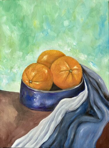Oranges and a Blue Bowl von Geanina Cernica, Malerei kaufen auf Singulart