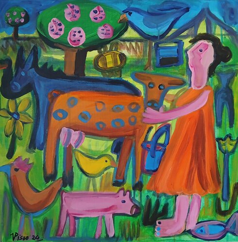 Menina e animais da quinta de Vítor Pisco, Pintura a la venta en Singulart