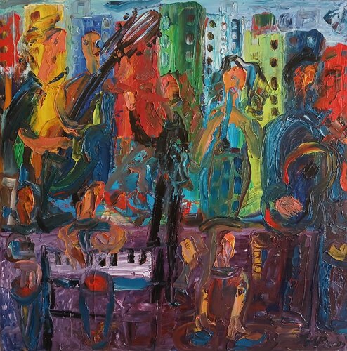 Musicians in the city von Vítor Pisco, Malerei kaufen auf Singulart