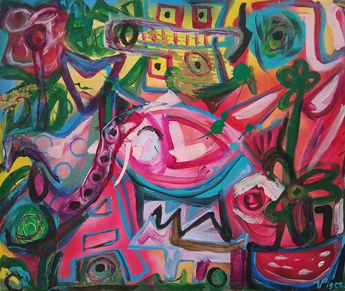Gato e peixe di Vítor Pisco, Pittura in vendita su Singulart