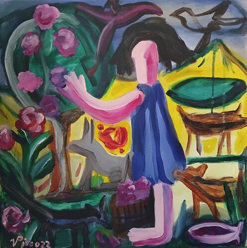 Menina colhendo amoras di Vítor Pisco, Pittura in vendita su Singulart