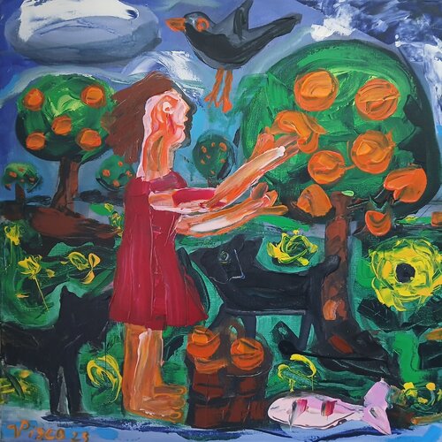 Chica colhendo laranjas by Vítor Pisco, Painting for Sale on Singulart