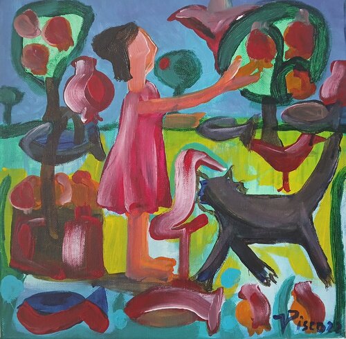 Menina colhendo romãs by Vítor Pisco, Painting for Sale on Singulart
