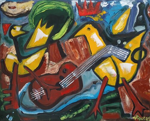 Viola com pássaro di Vítor Pisco, Pittura in vendita su Singulart