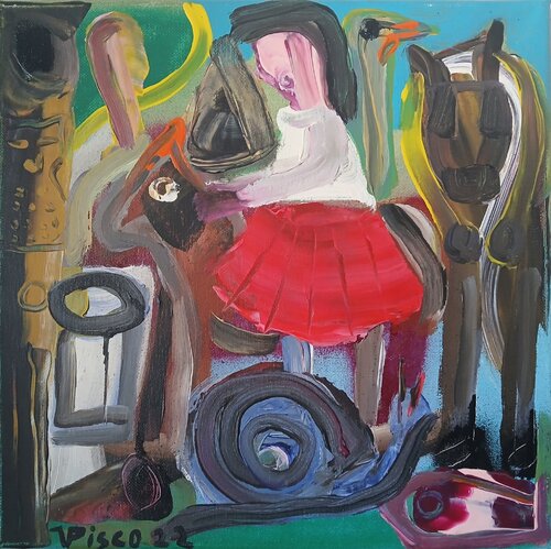Menina com cavalinho, avestruz e caracol van Vítor Pisco, Schilderij te koop op Singulart