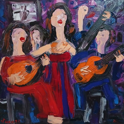 Uma fadista e uma guitarrista di Vítor Pisco, Pittura in vendita su Singulart
