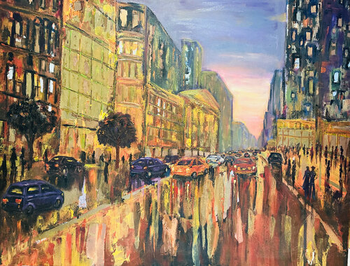 On the city street at the sunset van Olga Minasyan, Schilderij te koop op Singulart