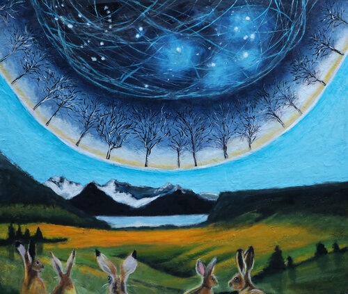 Astral Alignment with puzzled rabbits de evy Olsen Halvorsen, Pintura a la venta en Singulart