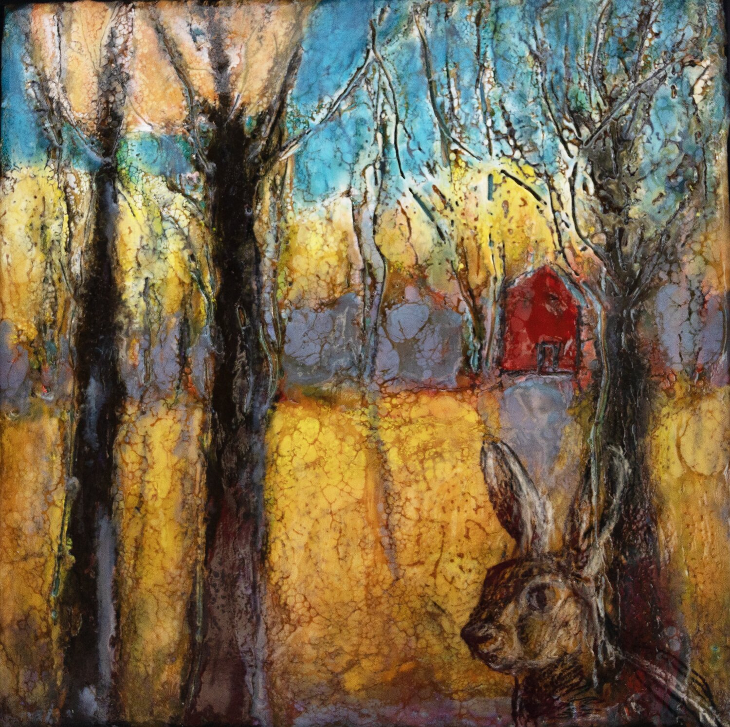 the watcher in the woods, red house evy Olsen Halvorsen Dipinto originale in vendita